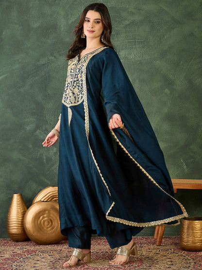 The52 Women's Beautiful Embroidery Work Vichitra Silk Fabric Flared Kurta Pant and Dupatta Set-Petrol