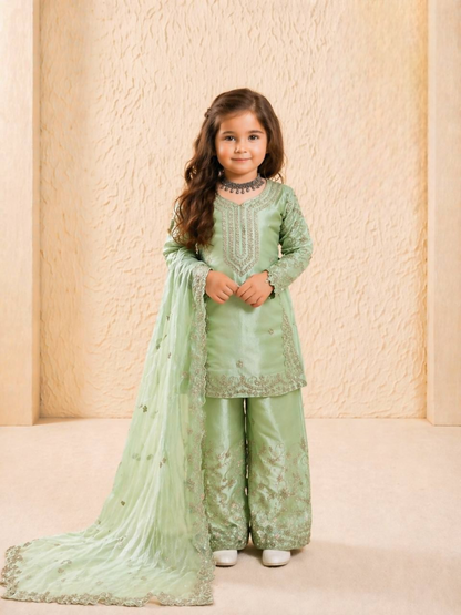 Teeya Creation New Kids Wedding Wear Heavy Embroidery Sequence Work Kurta Sharara Set-Green