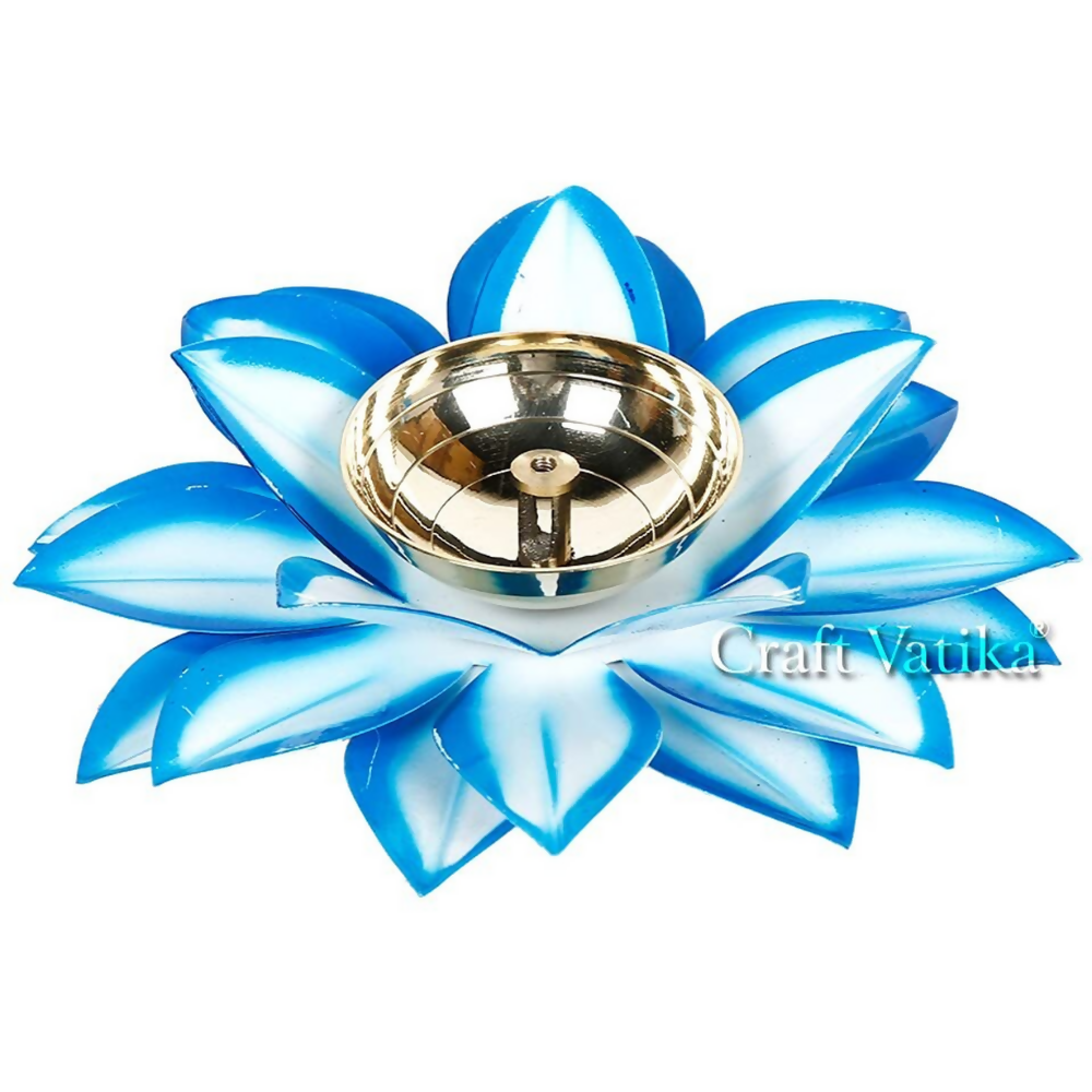 CraftVatika Brass Diya Oil Lamp Stand Lotus Kamal Patti Diyas - Sky Blue