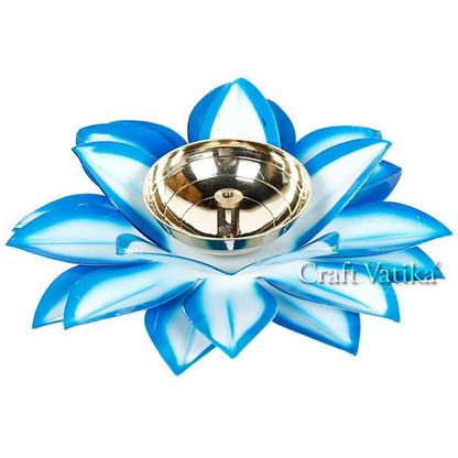 CraftVatika Brass Diya Oil Lamp Stand Lotus Kamal Patti Diyas - Sky Blue