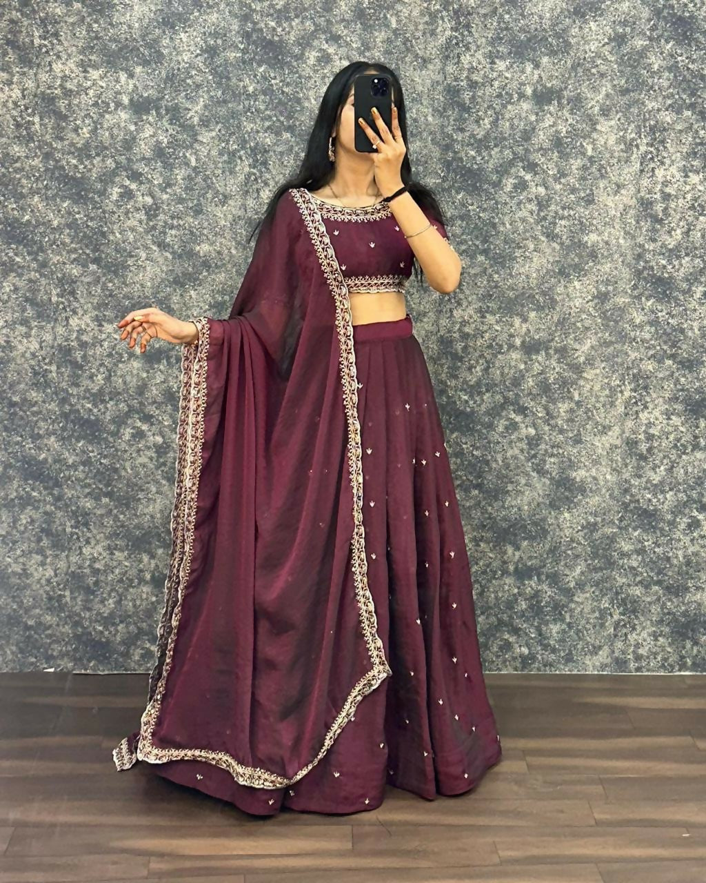 Teeya Creation Womens New Trendy Radiant Wine Hand-Embroidered Silk Lehenga Choli Set
