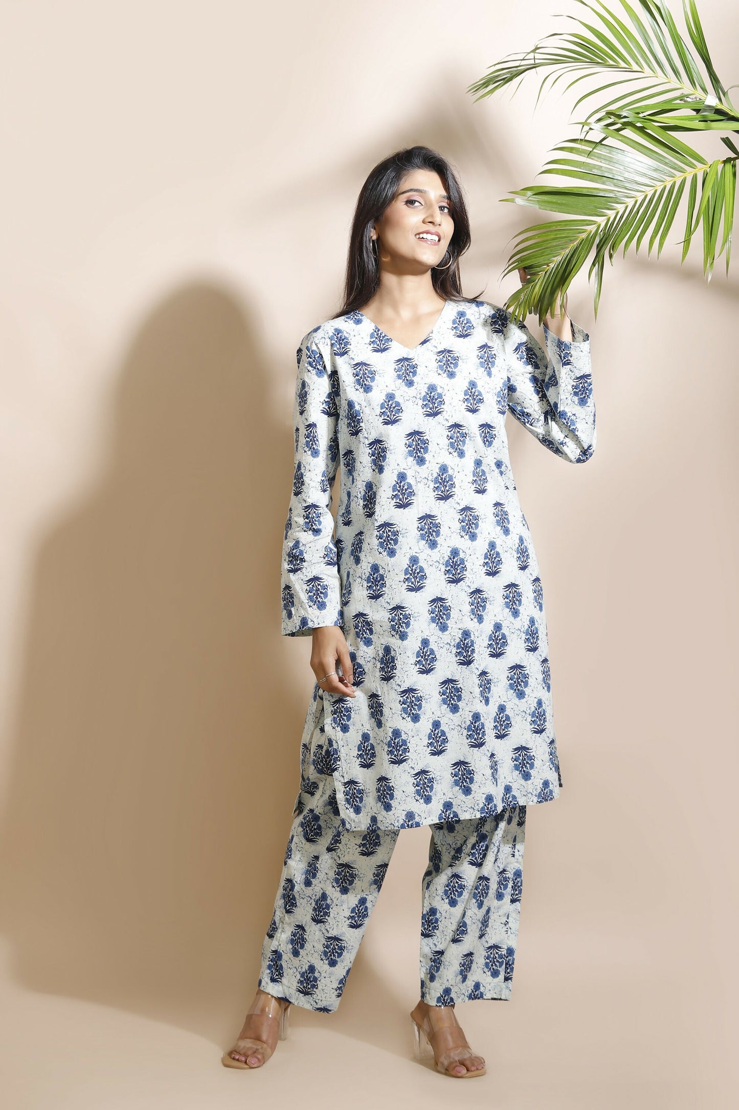 Breathables WomenS Cream Cotton Indian Motif Butta Loungewear Co-Ord Set  Long Kurta & Pants