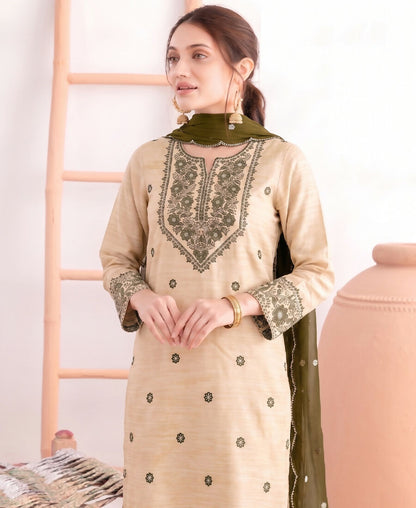 KC Khadi Cotton White Suit With Mahendi Dupatta 3 Piece Pair For Women