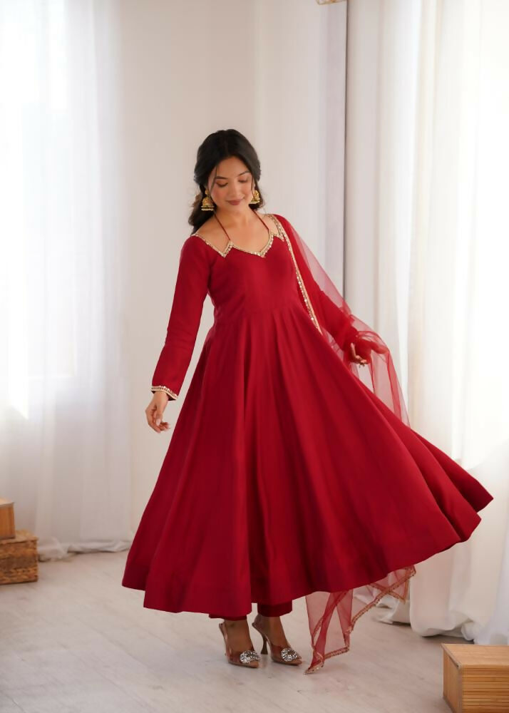 The52 Women's Gorgeous Embroidery Work Roman Silk Chanderi Fabric Flared Anarkali Pant and Dupatta Set-Maroon