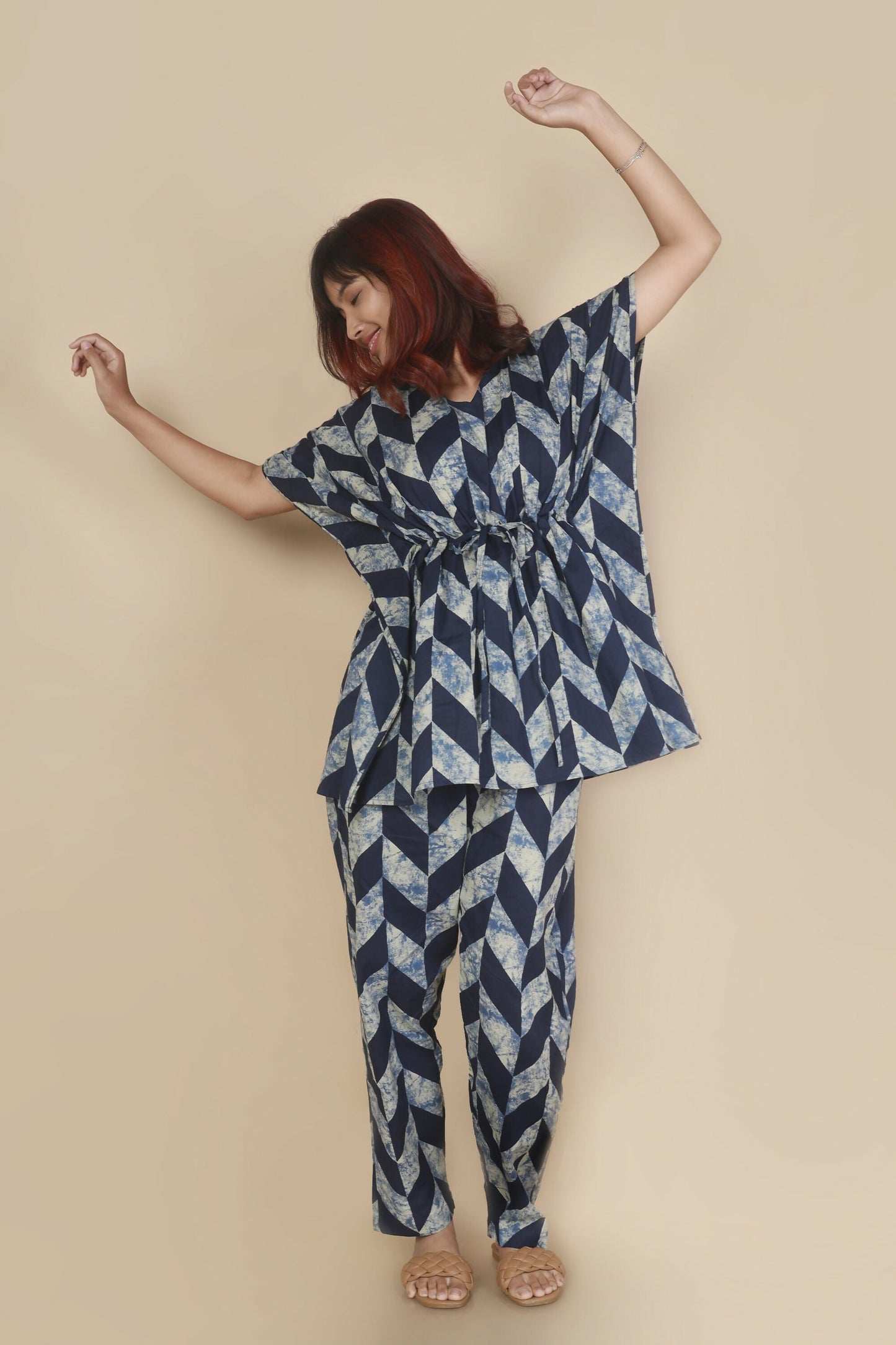 Breathables WomenS Loungewear Kaftan Cotton Blue Geometric Print Co-Ord Set
