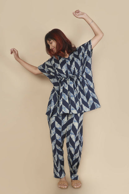 Breathables WomenS Loungewear Kaftan Cotton Blue Geometric Print Co-Ord Set