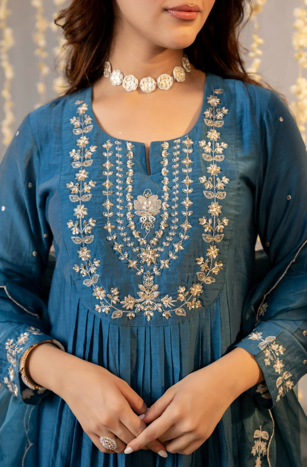 The52 Women's Beautiful Embroidery Work Chanderi Silk Fabric Flared Kurta Pant and Dupatta Set-Rama