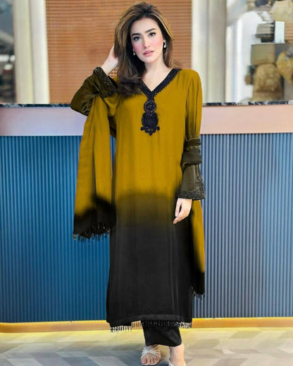 Teeya Creation Women's Trendy Stylish French Crepe Silk Yellow Kurta Set