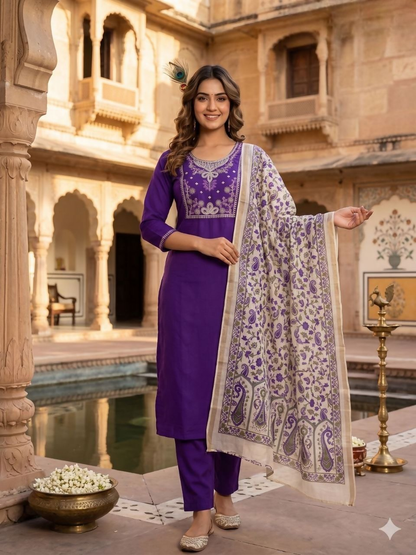 Teeya Creation Womens New Fancy Premium Silk Fabric Kurta Set - Purple