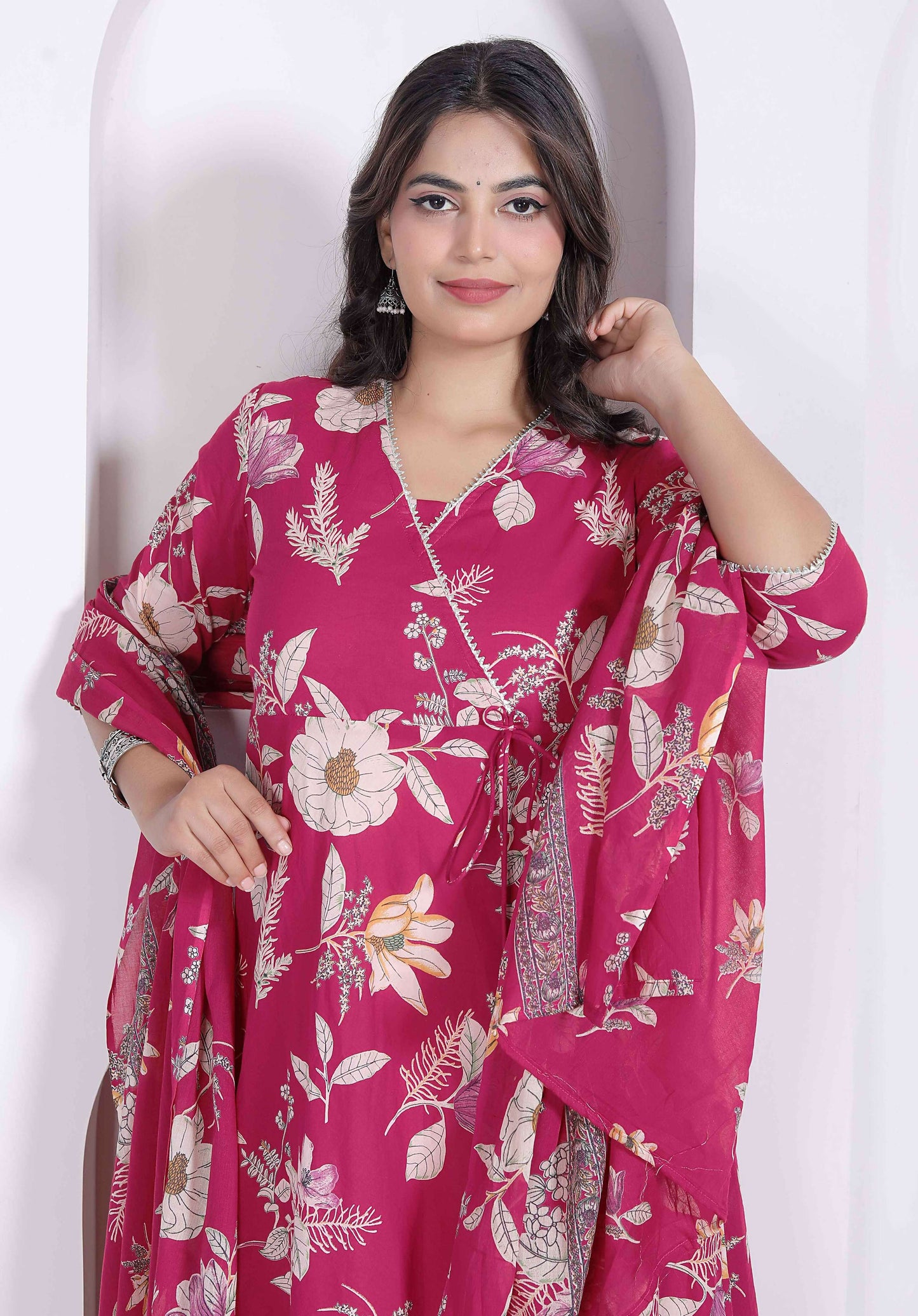 Miravan Womens Pink Floral Printed Angrakha Kurta With Dupatta