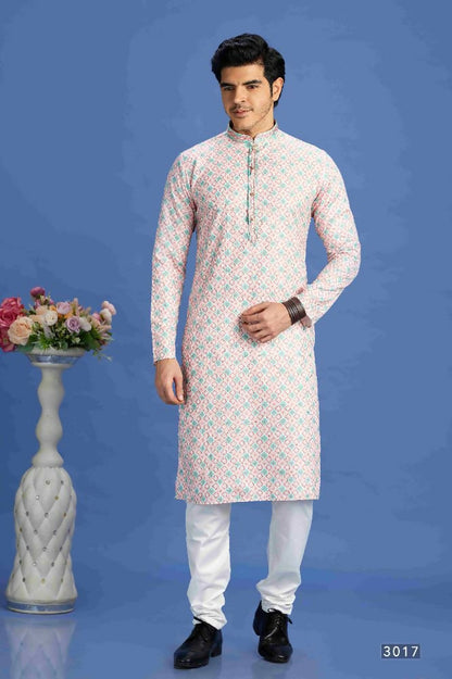 Raivat Ethnic Cotton Embroidery Kurta Pajama In Peach Colour