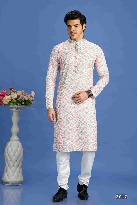 Raivat Ethnic Cotton Embroidery Kurta Pajama In Peach Colour
