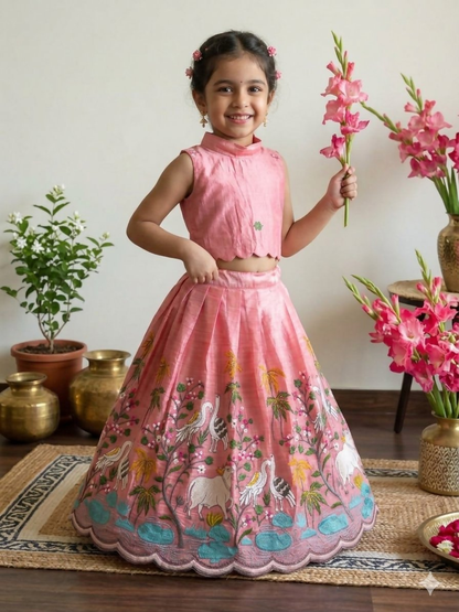 Teeya Creation New Girls Blush Pink Pichwai Embroidered Lehenga Choli Set-Pink