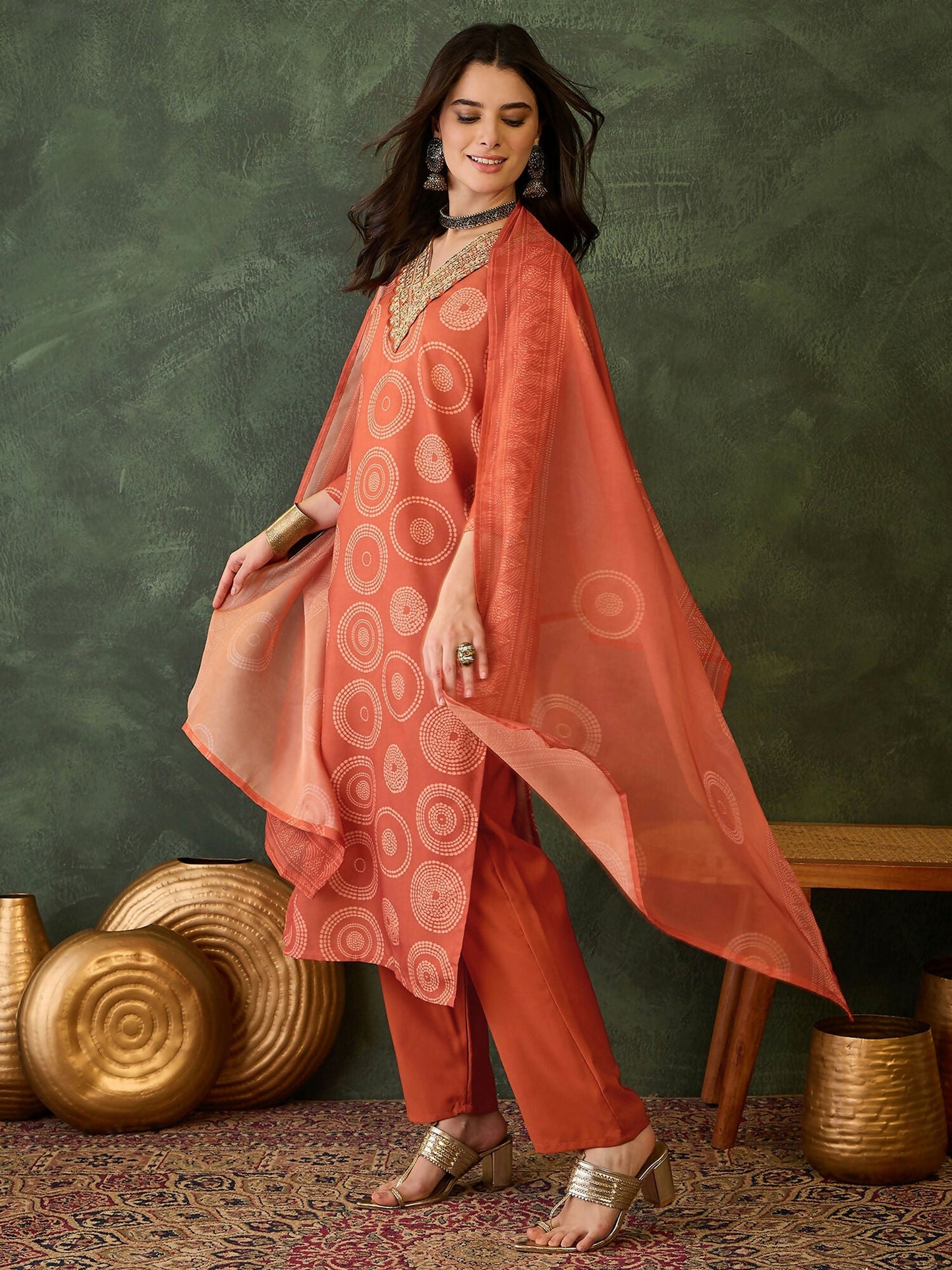 The52 Women's Gorgeous Rayon Embroidery Straight Kurta with Pant And Dupatta Set-Orange