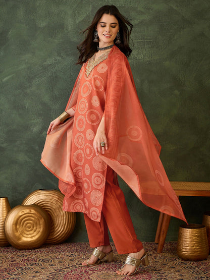 The52 Women's Gorgeous Rayon Embroidery Straight Kurta with Pant And Dupatta Set-Orange