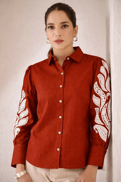 Teeya Creation Women Trendy Rust Cotton Button-Down Top with White Contrast Embroidered Sleeves