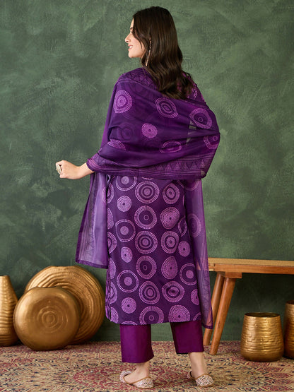 The52 Women's Gorgeous Rayon Embroidery Straight Kurta with Pant And Dupatta Set-Purple
