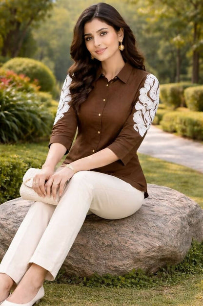 Teeya Creation Women Trendy Brown Cotton Button-Down Top with White Contrast Embroidered Sleeves