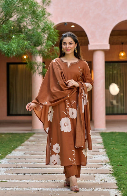 The52 Women's Gorgeous Printed Work Muslin Fabric Straight Kurta Pant and Dupatta Set-Brown