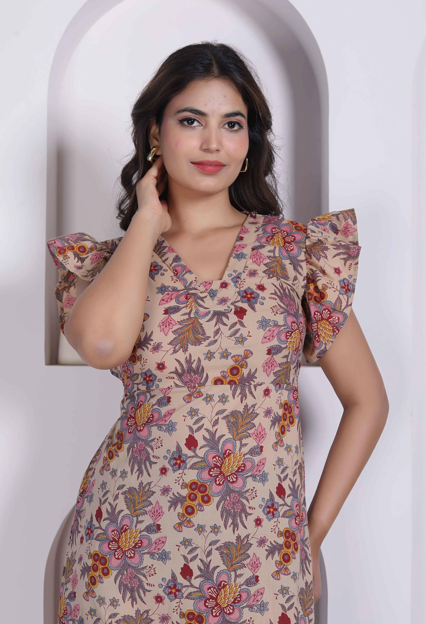 Miravan Women Empire Waist Beige Mini Length Dress