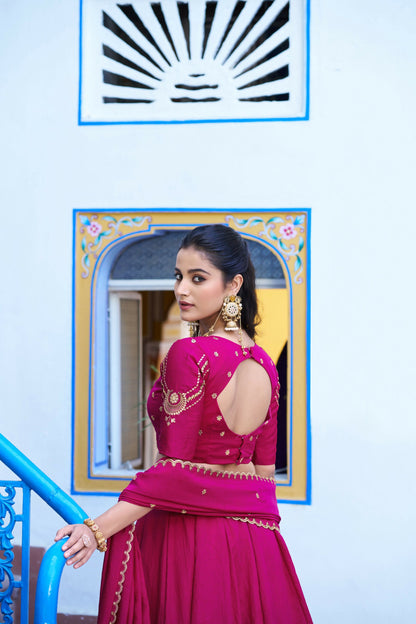 Lorenvalley Fashion Ranipink NC Silk Plain Lehenga Embroidery Work Choli with Dupatta