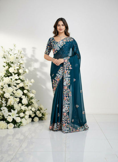 Teeya Creation Womens New Fancy Embroidery Work Saree-Teal