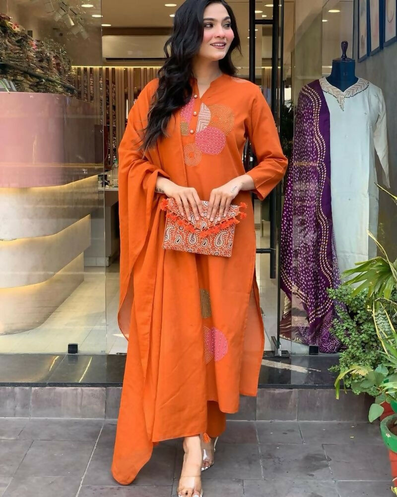 Teeya Creation Women Orange Geometric Embroidered Straight Kurta with Pants and Dupatta Set