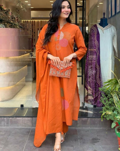 Teeya Creation Women Orange Geometric Embroidered Straight Kurta with Pants and Dupatta Set