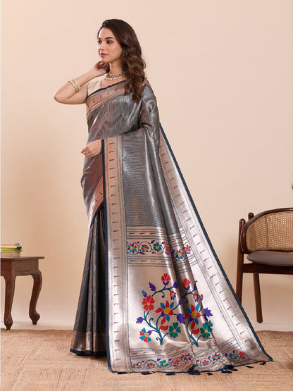 Dwija Fashion Teal Blue Wedding Wear Woven Lotus Motif Work Pure Soft Silk Saree With Unstitched Blouse