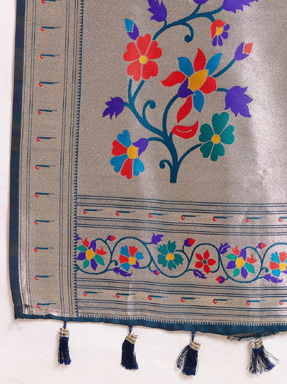 Dwija Fashion Teal Blue Wedding Wear Woven Lotus Motif Work Pure Soft Silk Saree With Unstitched Blouse
