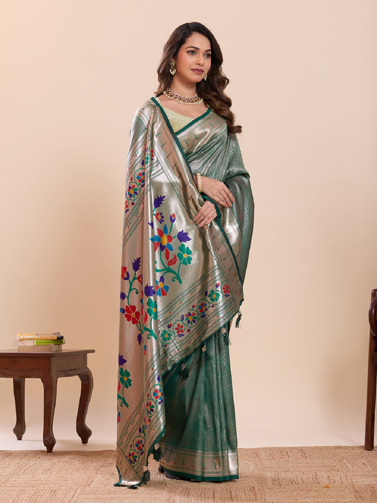 Dwija Fashion Green Wedding Wear Woven Lotus Motif Work Pure Soft Silk Saree With Unstitched Blouse
