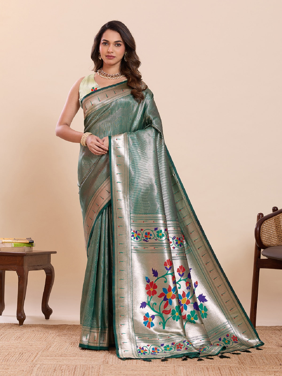 Dwija Fashion Green Wedding Wear Woven Lotus Motif Work Pure Soft Silk Saree With Unstitched Blouse