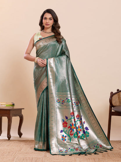 Dwija Fashion Green Wedding Wear Woven Lotus Motif Work Pure Soft Silk Saree With Unstitched Blouse