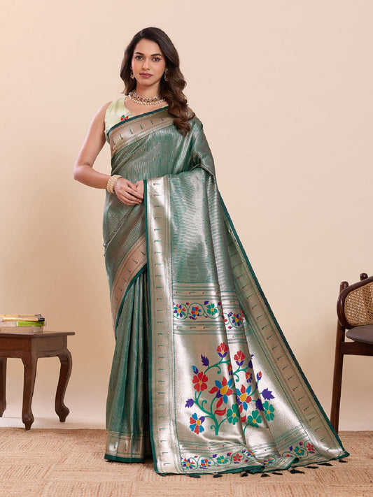 Dwija Fashion Green Wedding Wear Woven Lotus Motif Work Pure Soft Silk Saree With Unstitched Blouse