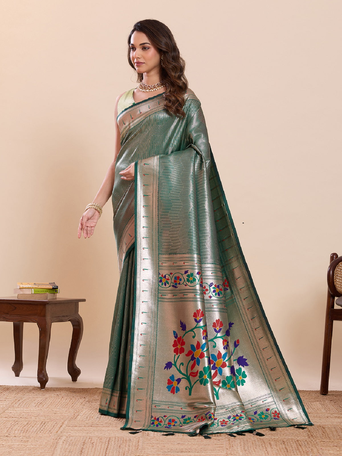 Dwija Fashion Green Wedding Wear Woven Lotus Motif Work Pure Soft Silk Saree With Unstitched Blouse