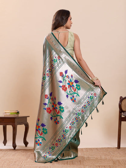 Dwija Fashion Green Wedding Wear Woven Lotus Motif Work Pure Soft Silk Saree With Unstitched Blouse