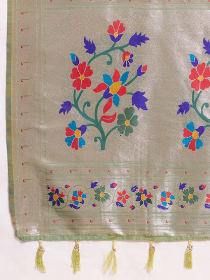 Dwija Fashion Green Wedding Wear Woven Lotus Motif Work Pure Soft Silk Saree With Unstitched Blouse