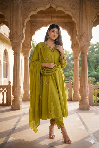Teeya Creation Olive Green Embroidered Straight Suit Set With Dupatta