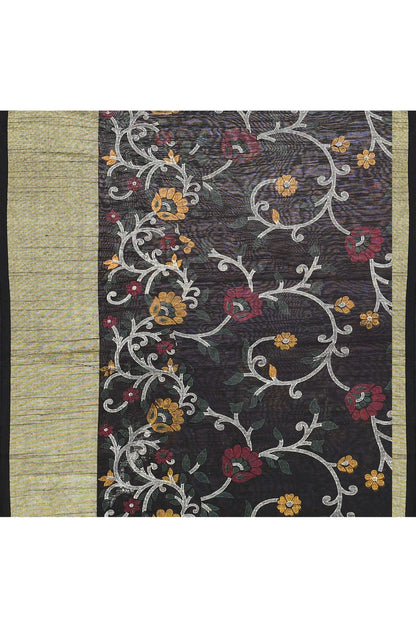Piyari Fashion Women's Black Embellished Cotton Blend Printed Saree