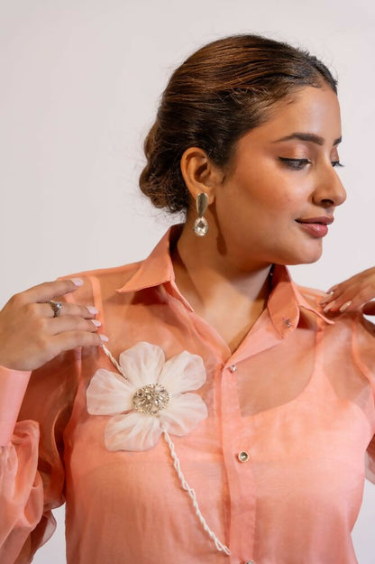 Timaraa Peach Coral Organza Shirt With Hand Embellished 3D Floral Motift