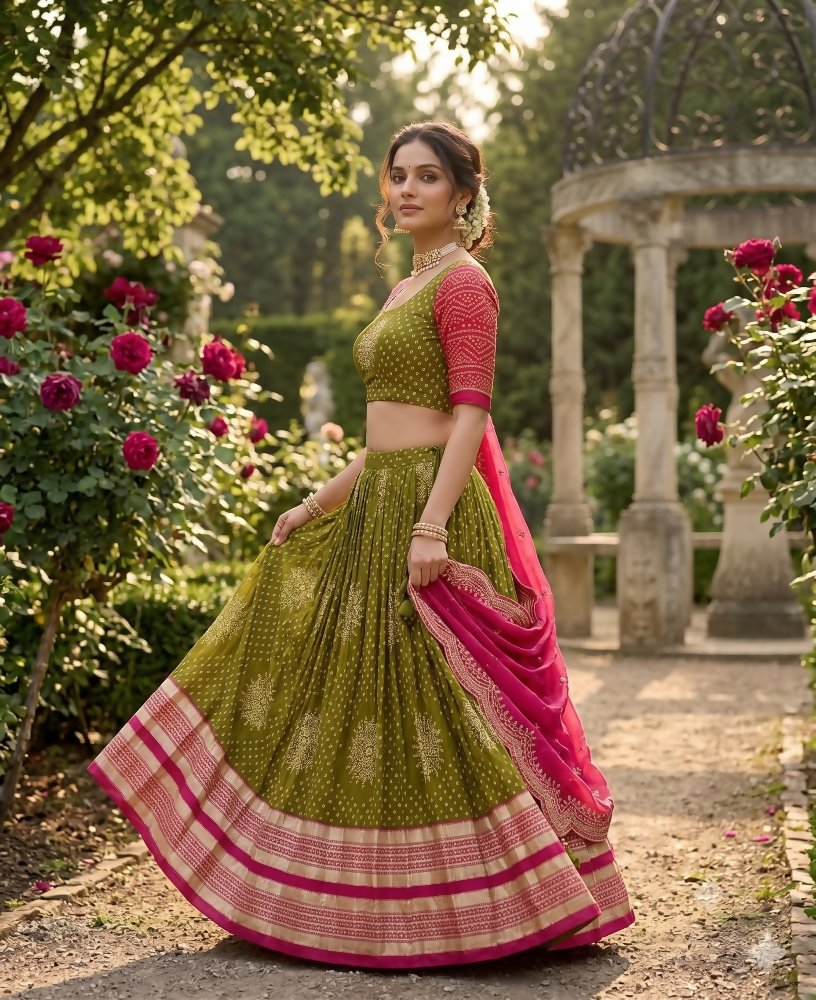Teeya Creation Festive Olive Green Pink Designer Lehenga Choli Scalloped Border Dupatta