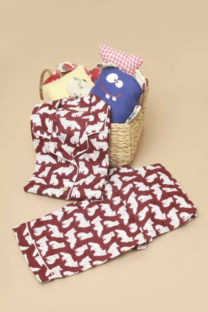 Breathables Kids Cotton Night Suit  Maroon Cat Print Shirt & Pyjama Co-Ord Set For Boys & Girls