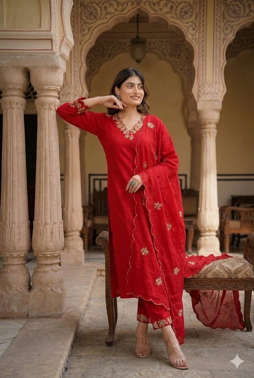 Teeya Creation Designer Red Ethnic Suit Set With Floral Hand-Embroidered Borders Dupatta