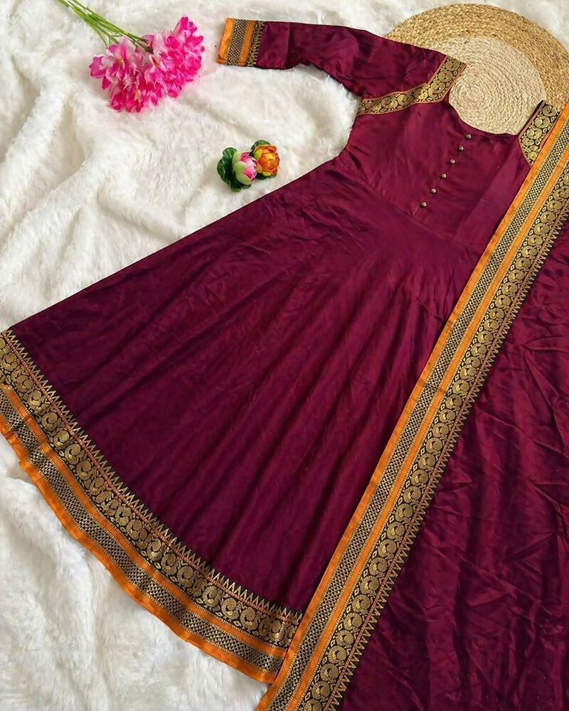 Teeya Creation New Trendy Stylish Wine Solid Anarkali Kurta with Traditional Golden Border Dupatta Set