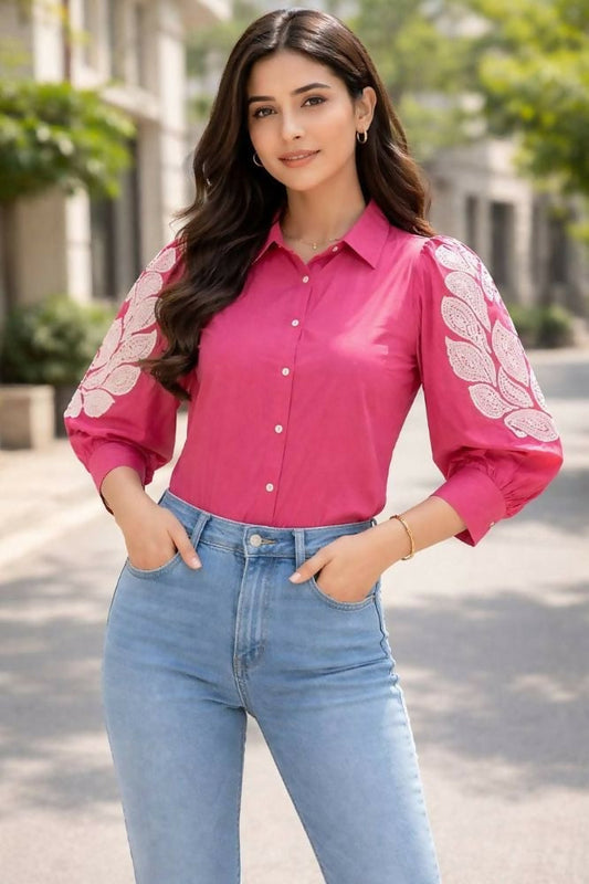 Teeya Creation Women Trendy Pink Cotton Button-Down Top with White Contrast Embroidered Sleeves