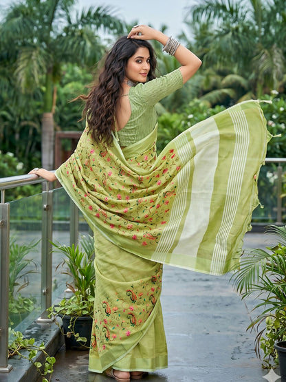 Shree Shyam Fashion Yellow Green Linen Saree