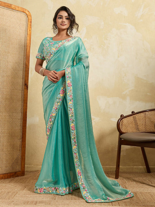 Teeya Creation New Stylish Trendy Party Wear Saree-Aqua_Blue