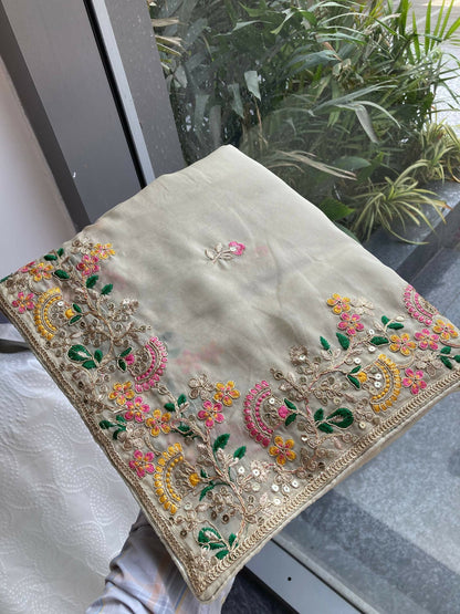 Teeya Creation New Trendy Party Wear Soft Silk Saree-Cream