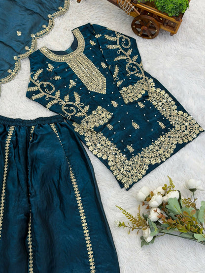 Teeya Creation New Trendy Fully Stitched Ready to Wear Kids Kurta Palazzo Set-Turquoise