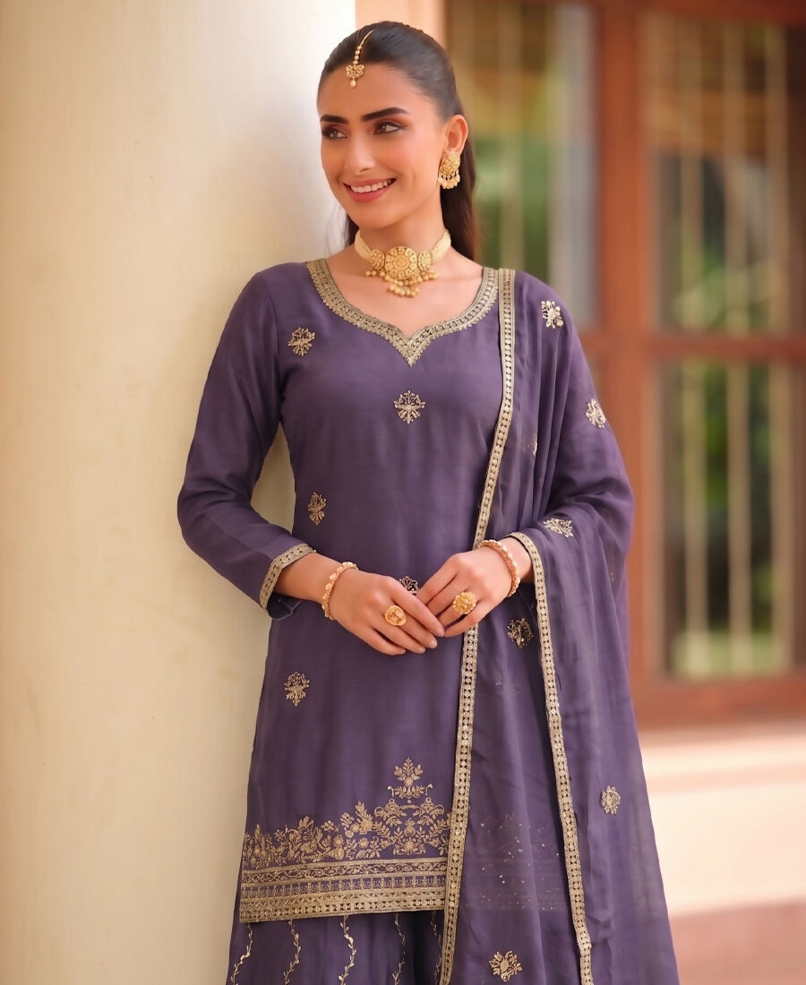KC Lilac Ethnic Wear Ready Made Chinon Suit For Women